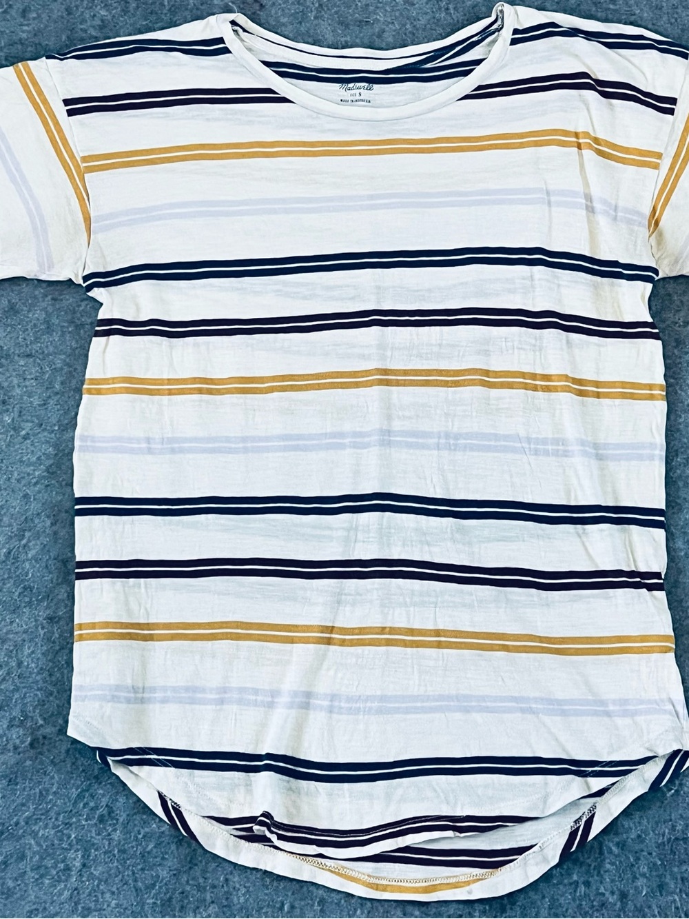 Madewell White Striped Short Sleeve Tee with Navy & Mustard Stripes